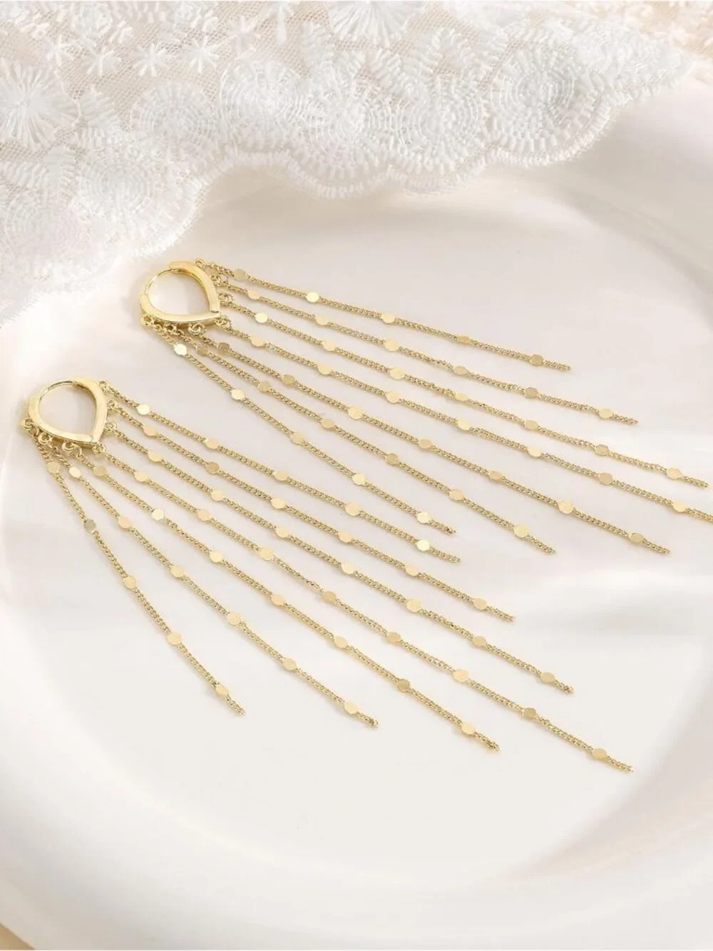 Gold Long Prom Earrings for Women, 14K Gold Plated Pearl Dangle Drop and Chain T - Picture 8 of 8